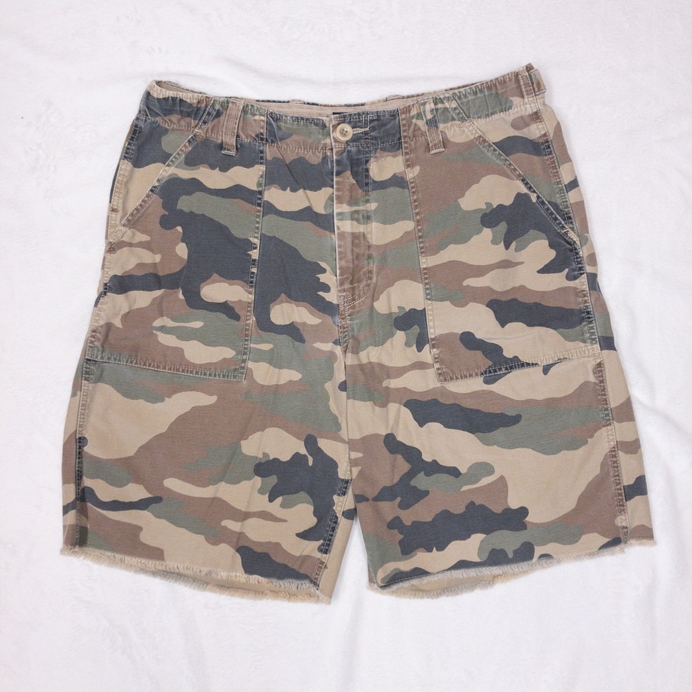 Y2K J Crew Camo Shorts Mens 34 Green Raw Hem 100% Cotton Utility Outdoors